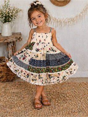 Cutey Couture Girls' Cream Floral Tiered Sundress with Patterned Panels